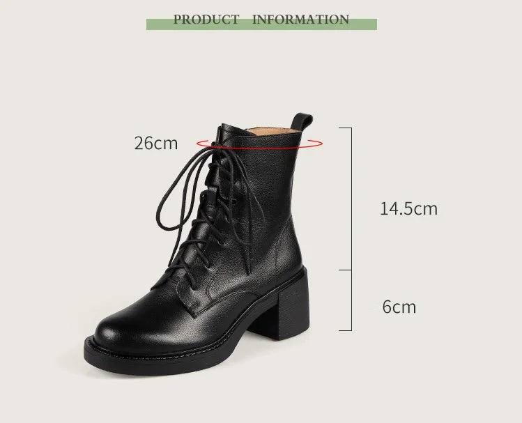 Women’s Genuine Leather Ankle Boots – Lace-Up, Platform, Chunky Heel, Round Toe