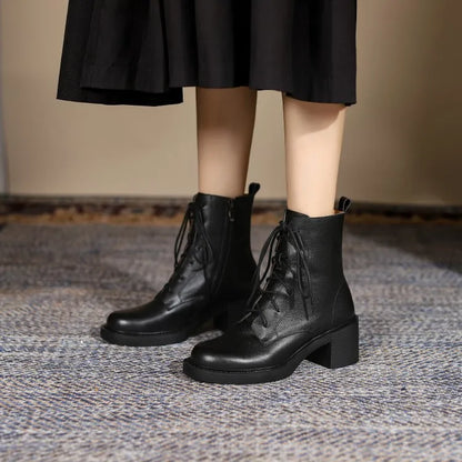Women’s Genuine Leather Ankle Boots – Lace-Up, Platform, Chunky Heel, Round Toe