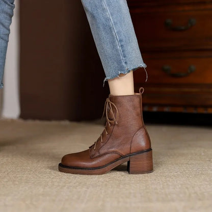 Women’s Genuine Leather Ankle Boots – Lace-Up, Platform, Chunky Heel, Round Toe