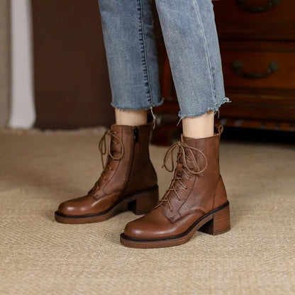 Women’s Genuine Leather Ankle Boots – Lace-Up, Platform, Chunky Heel, Round Toe