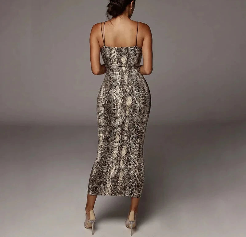 Women’s Leopard & Snake Print Sleeveless V-Neck Sexy Midi Dress – Spring Fashion Bodycon Party Dress for Christmas, Club & Streetwear