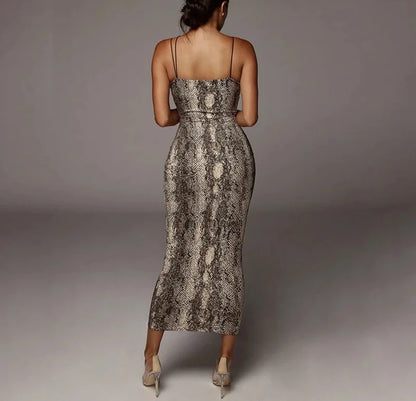Women’s Leopard & Snake Print Sleeveless V-Neck Sexy Midi Dress – Spring Fashion Bodycon Party Dress for Christmas, Club & Streetwear