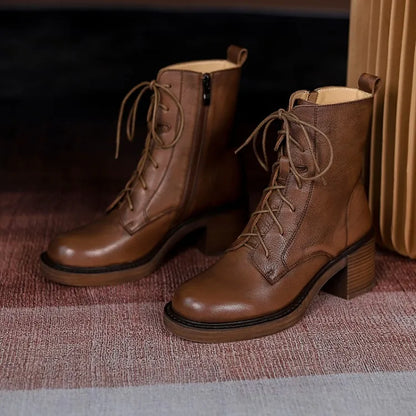 Women’s Genuine Leather Ankle Boots – Lace-Up, Platform, Chunky Heel, Round Toe