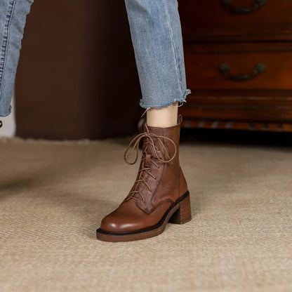 Women’s Genuine Leather Ankle Boots – Lace-Up, Platform, Chunky Heel, Round Toe