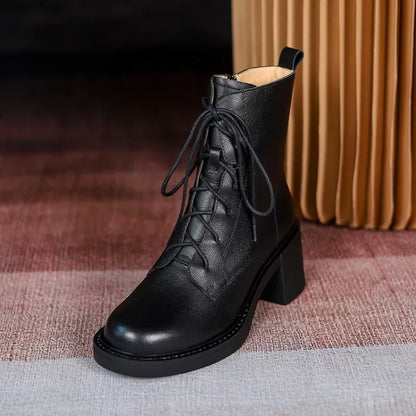 Women’s Genuine Leather Ankle Boots – Lace-Up, Platform, Chunky Heel, Round Toe