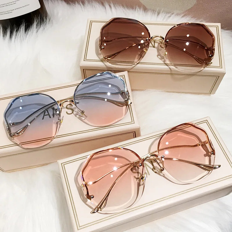 Women's Oversized Gradient Sunglasses Rimless Metal Frame Shades