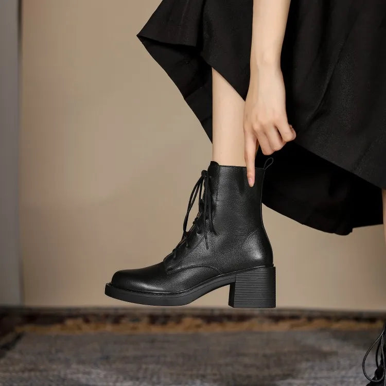 Women’s Genuine Leather Ankle Boots – Lace-Up, Platform, Chunky Heel, Round Toe