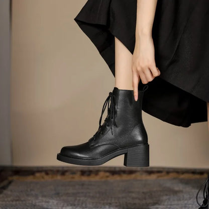 Women’s Genuine Leather Ankle Boots – Lace-Up, Platform, Chunky Heel, Round Toe