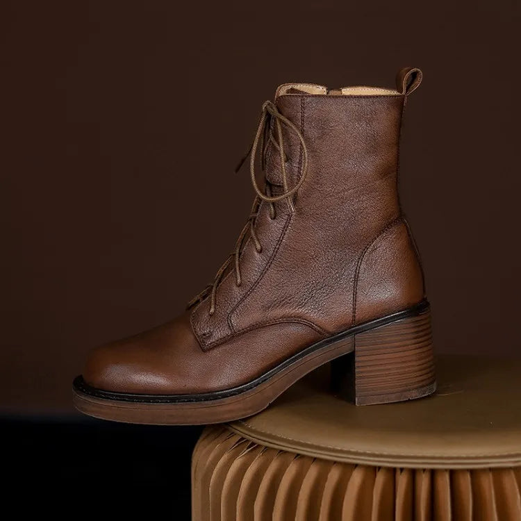 Women’s Genuine Leather Ankle Boots – Lace-Up, Platform, Chunky Heel, Round Toe