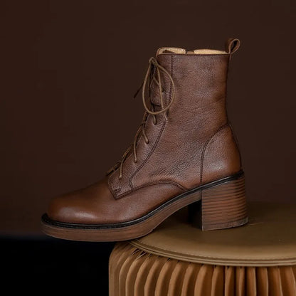 Women’s Genuine Leather Ankle Boots – Lace-Up, Platform, Chunky Heel, Round Toe