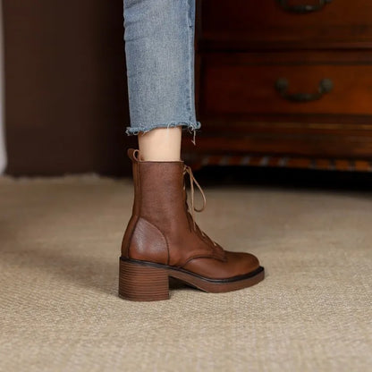Women’s Genuine Leather Ankle Boots – Lace-Up, Platform, Chunky Heel, Round Toe