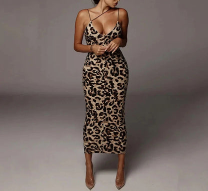 Women’s Leopard & Snake Print Sleeveless V-Neck Sexy Midi Dress – Spring Fashion Bodycon Party Dress for Christmas, Club & Streetwear