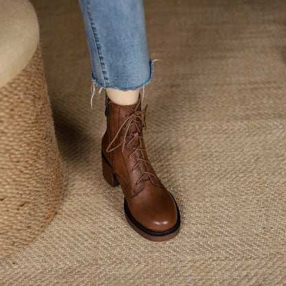 Women’s Genuine Leather Ankle Boots – Lace-Up, Platform, Chunky Heel, Round Toe
