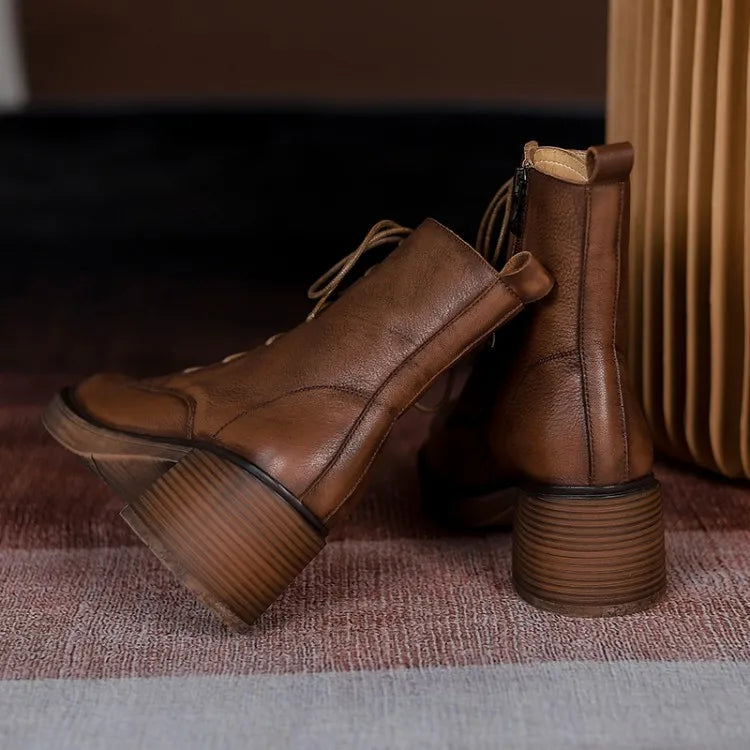 Women’s Genuine Leather Ankle Boots – Lace-Up, Platform, Chunky Heel, Round Toe