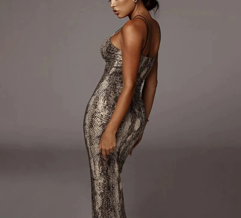 Women’s Leopard & Snake Print Sleeveless V-Neck Sexy Midi Dress – Spring Fashion Bodycon Party Dress for Christmas, Club & Streetwear