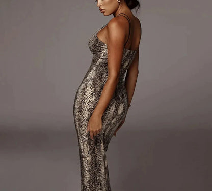 Women’s Leopard & Snake Print Sleeveless V-Neck Sexy Midi Dress – Spring Fashion Bodycon Party Dress for Christmas, Club & Streetwear