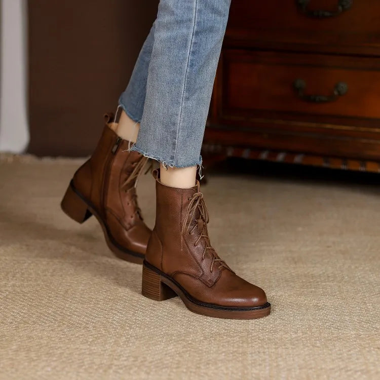 Women’s Genuine Leather Ankle Boots – Lace-Up, Platform, Chunky Heel, Round Toe