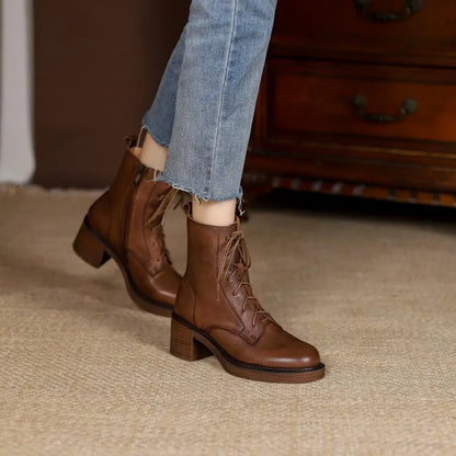 Women’s Genuine Leather Ankle Boots – Lace-Up, Platform, Chunky Heel, Round Toe