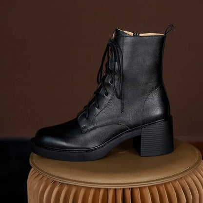 Women’s Genuine Leather Ankle Boots – Lace-Up, Platform, Chunky Heel, Round Toe
