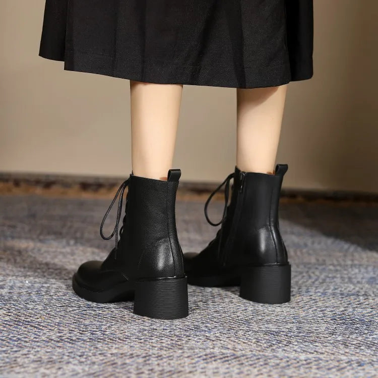 Women’s Genuine Leather Ankle Boots – Lace-Up, Platform, Chunky Heel, Round Toe
