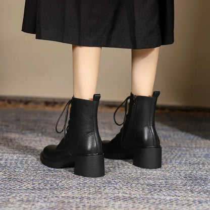 Women’s Genuine Leather Ankle Boots – Lace-Up, Platform, Chunky Heel, Round Toe