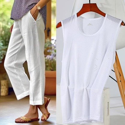 Women's Linen Blend Pants – High Waisted Elastic Waist Loose Straight Leg Trousers with Pockets | Summer Casual Beach Wide Leg Pants (18 Colors)