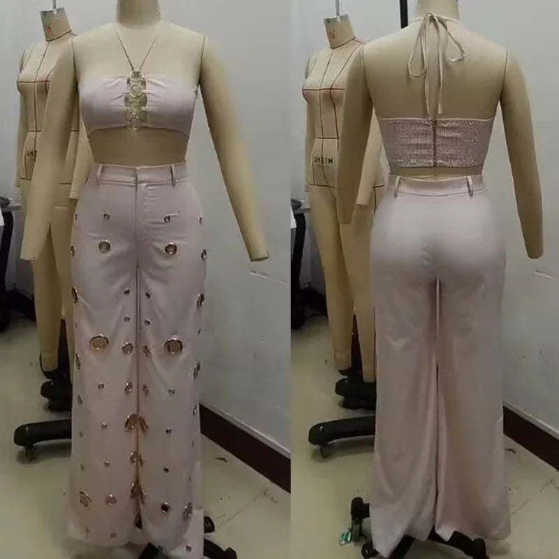Women’s Sexy 2 Piece Club Outfit – Halter Crop Top & High Waist Pants Set | Party, Festival & Nightwear Fashion