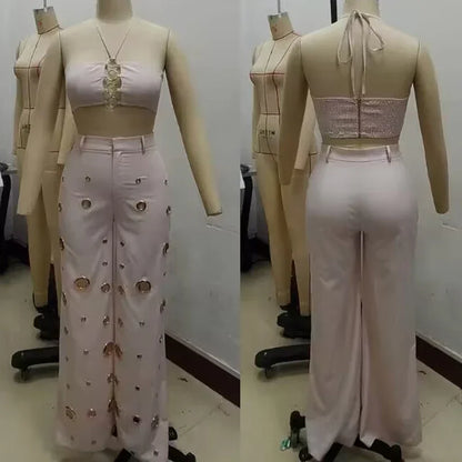 Women’s Sexy 2 Piece Club Outfit – Halter Crop Top & High Waist Pants Set | Party, Festival & Nightwear Fashion