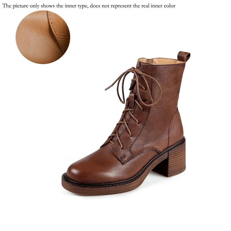Women’s Genuine Leather Ankle Boots – Lace-Up, Platform, Chunky Heel, Round Toe