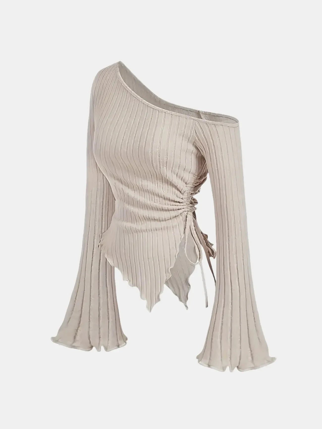 Women's Off Shoulder Asymmetrical Ribbed Long Sleeve Top – Ruched Slim Fit Bell Sleeve Y2K Streetwear Going Out Shirt