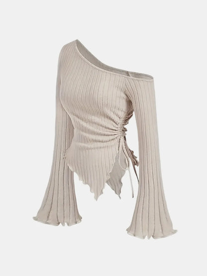 Women's Off Shoulder Asymmetrical Ribbed Long Sleeve Top – Ruched Slim Fit Bell Sleeve Y2K Streetwear Going Out Shirt