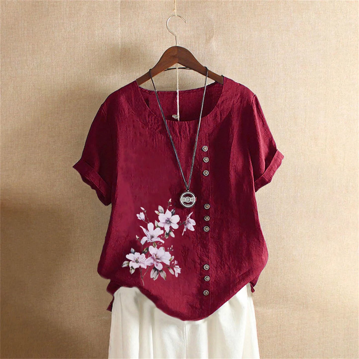 Women's Cotton Linen Floral Print Blouse – Summer Short Sleeve Loose Vintage Tunic Shirt Top