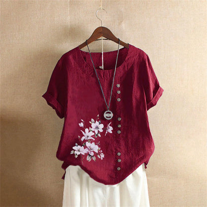 Women's Cotton Linen Floral Print Blouse – Summer Short Sleeve Loose Vintage Tunic Shirt Top