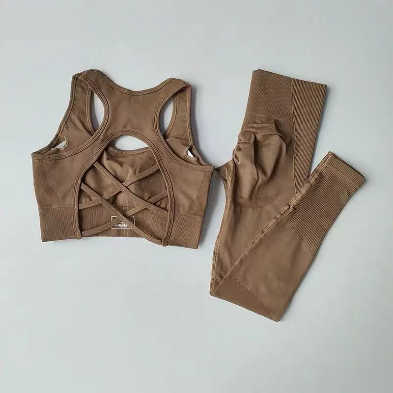 Women’s Seamless Yoga Set – Sexy Open Back Sports Bra & High Waist Scrunch Leggings Gym Outfit