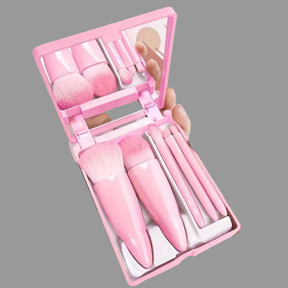 5 Piece Portable Makeup Brush Set With Mirror Foldable Travel Kit