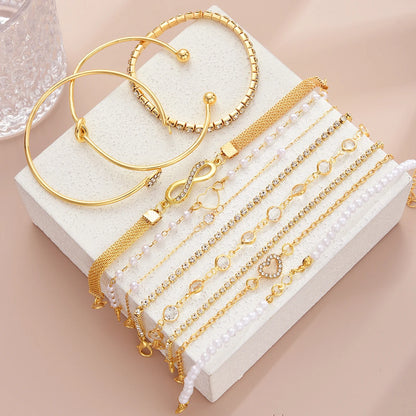 11 Piece Pearl Crystal Heart and Infinity Layered Bracelet Set for Women