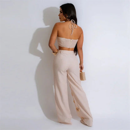 Women’s Sexy 2 Piece Club Outfit – Halter Crop Top & High Waist Pants Set | Party, Festival & Nightwear Fashion