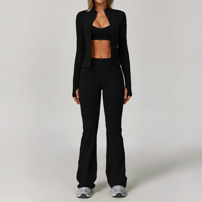Women's 2/3PCS Yoga Set Workout Clothes Long Sleeve Sports Bra Leggings Gym Running Activewear Outfit