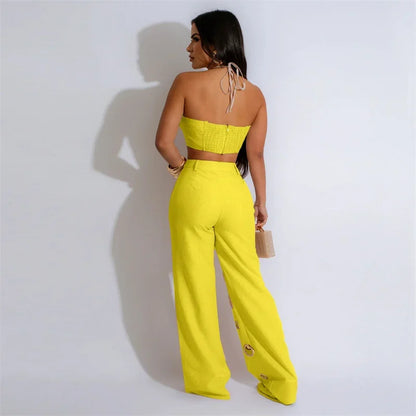 Women’s Sexy 2 Piece Club Outfit – Halter Crop Top & High Waist Pants Set | Party, Festival & Nightwear Fashion