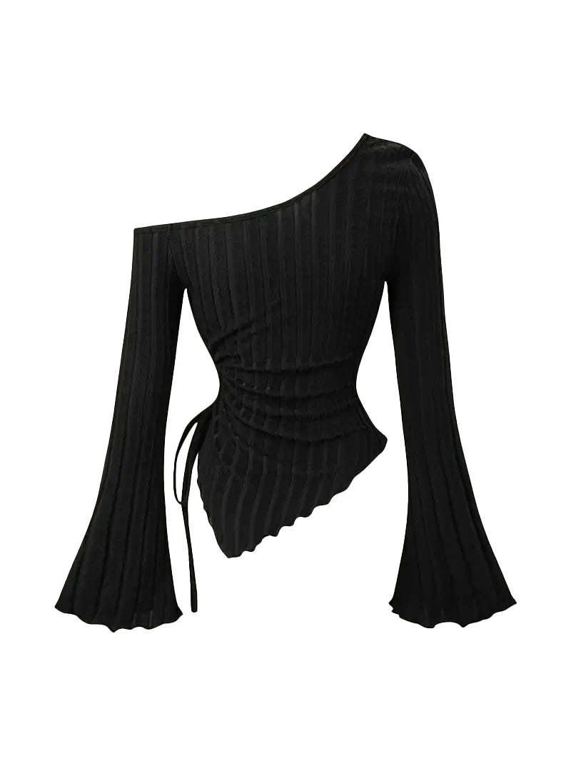 Women's Off Shoulder Asymmetrical Ribbed Long Sleeve Top – Ruched Slim Fit Bell Sleeve Y2K Streetwear Going Out Shirt