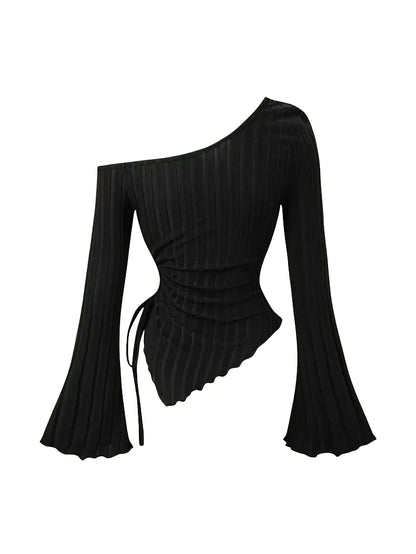 Women's Off Shoulder Asymmetrical Ribbed Long Sleeve Top – Ruched Slim Fit Bell Sleeve Y2K Streetwear Going Out Shirt