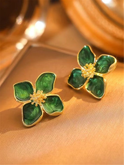 Hibiscus Flower Stud Earrings for Women and Girls–Dropped Glaze Floral Design, French Vintage Inspired, Romantic Wedding Jewelry Gift
