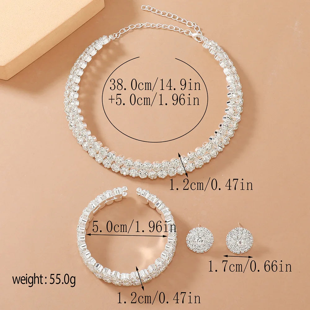 Women’s Luxury Rhinestone Jewelry Set – Double Layer Choker, Bracelet & Stud Earrings