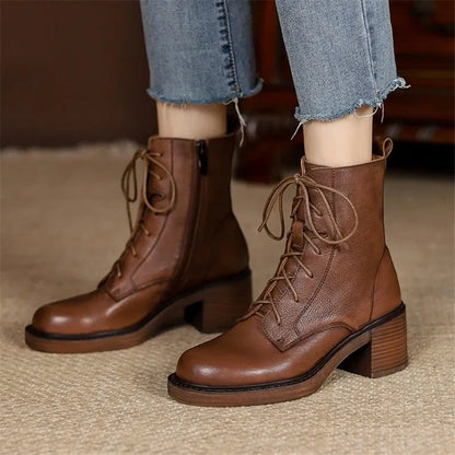 Women’s Genuine Leather Ankle Boots – Lace-Up, Platform, Chunky Heel, Round Toe