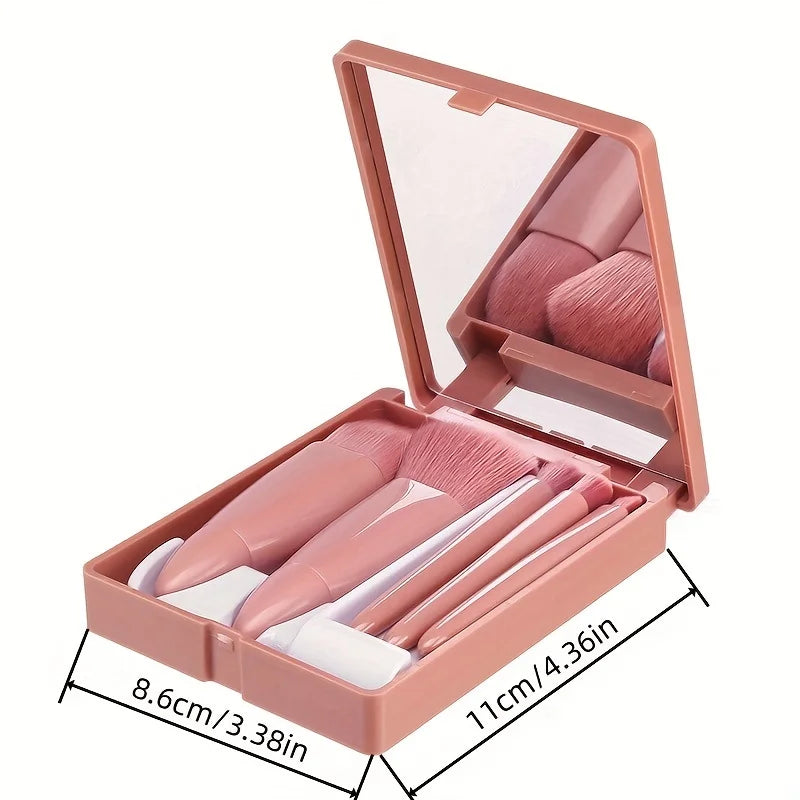5 Piece Portable Makeup Brush Set With Mirror Foldable Travel Kit