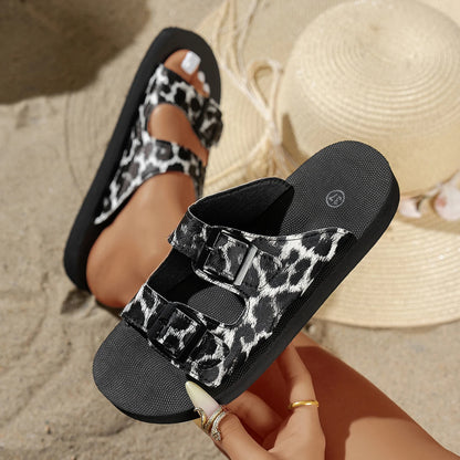 Women's Leopard Print Double Buckle Platform Sandals – Soft Sole Comfort Slides, Casual Beach Vacation Flat Slippers