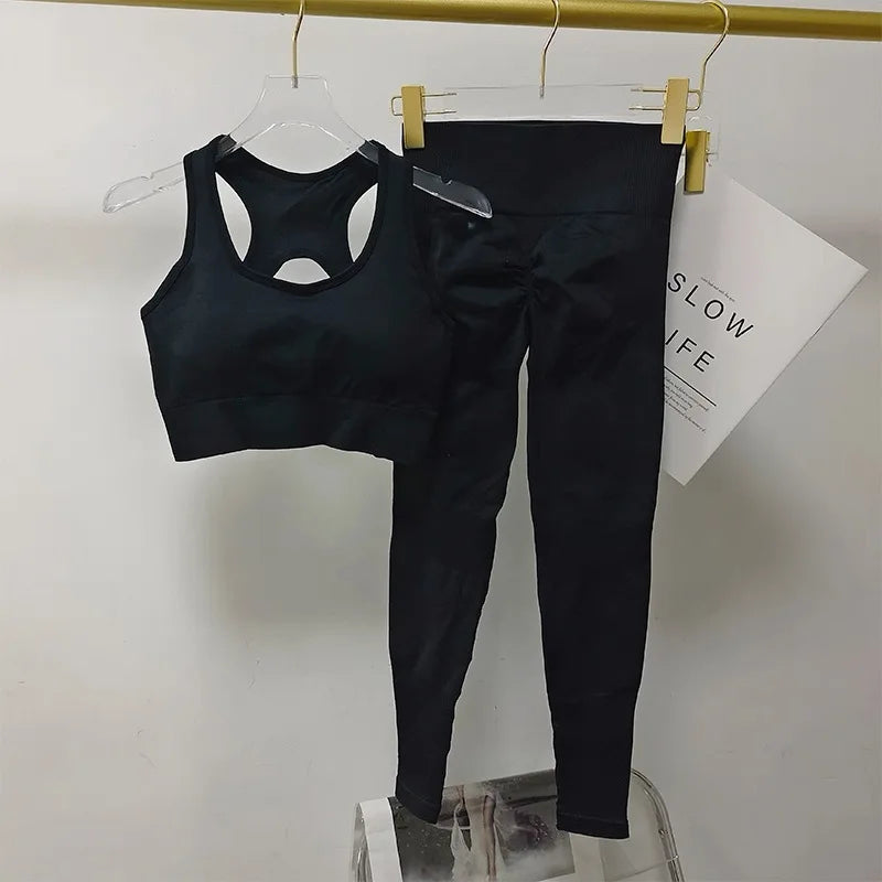 Women’s Seamless Yoga Set – Sexy Open Back Sports Bra & High Waist Scrunch Leggings Gym Outfit