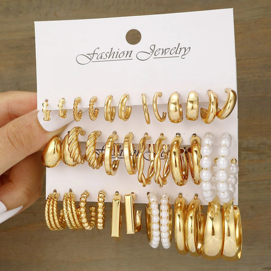 Gold Geometric Hoop Earrings for Women with Pearl Accents and Textured Styles