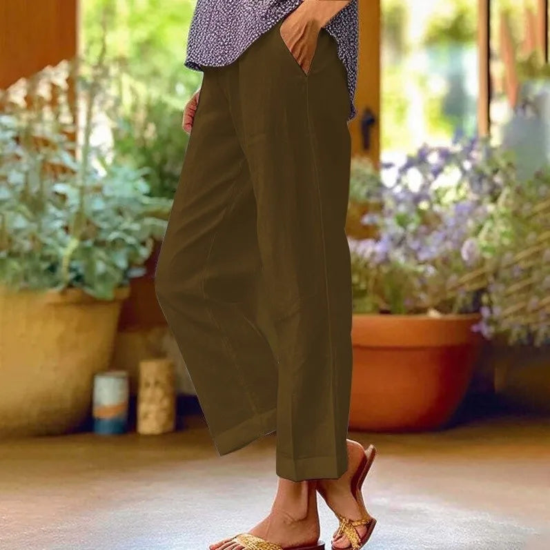 Women's Linen Blend Pants – High Waisted Elastic Waist Loose Straight Leg Trousers with Pockets | Summer Casual Beach Wide Leg Pants (18 Colors)