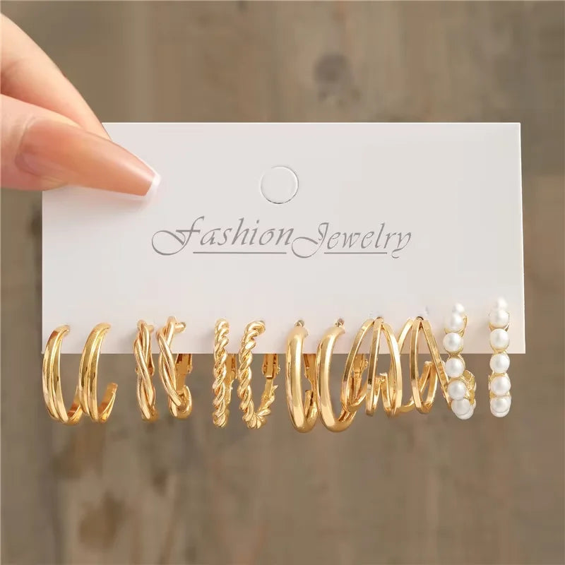 Gold Geometric Hoop Earrings for Women with Pearl Accents and Textured Styles